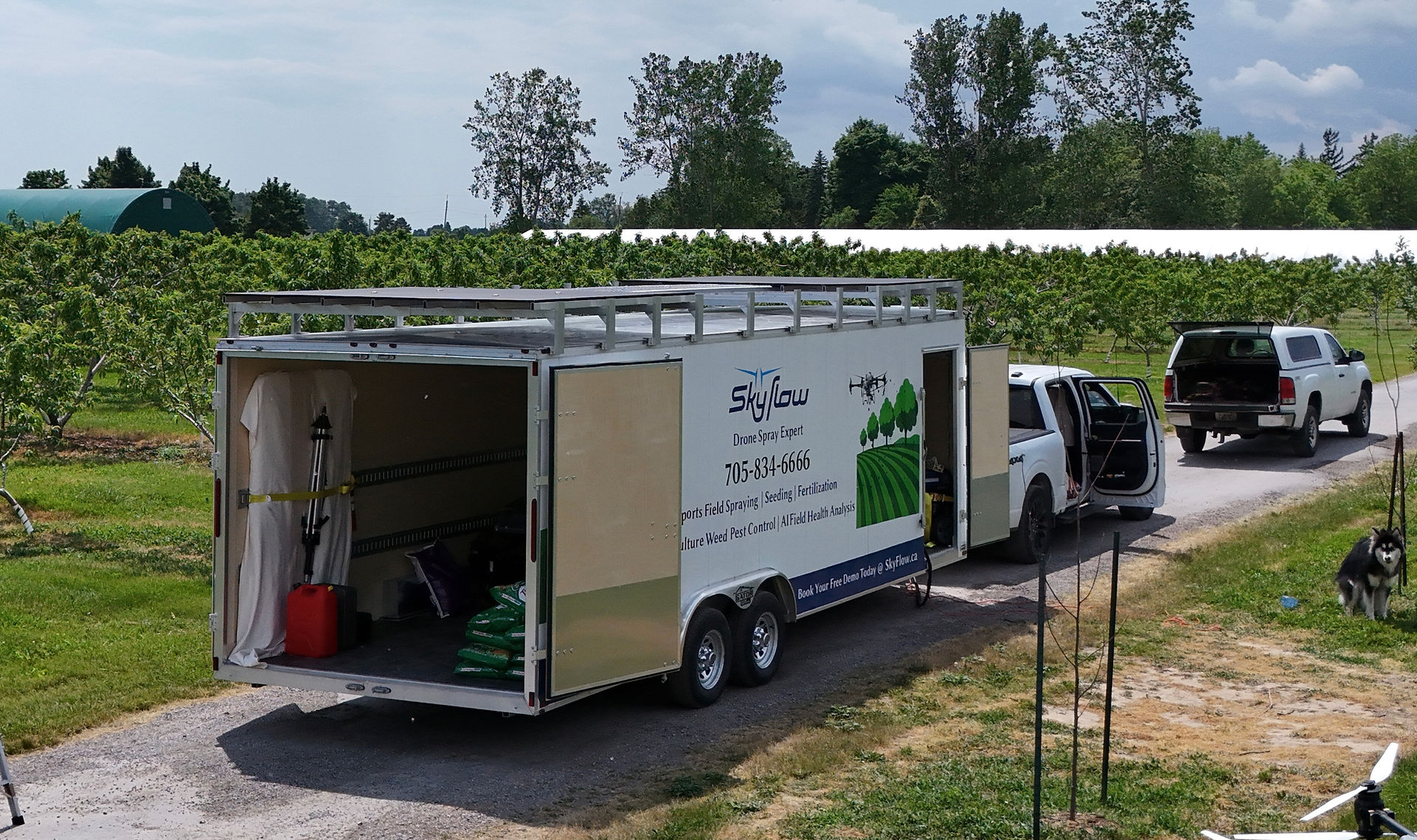 SkyFlow drone spray trailer with equipment